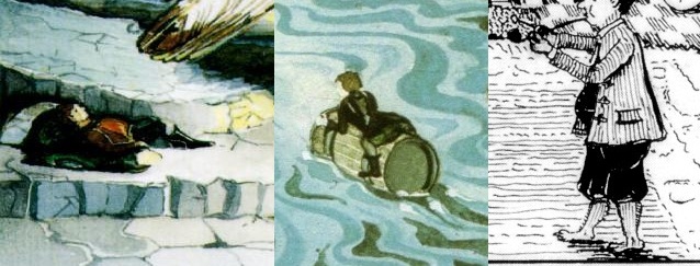 details from â€˜Bilbo woke up with the early Sun in his eyesâ€™ , â€˜Bilbo comes to the huts of the raft-elvesâ€™, and 'The Hall at Bag-End'